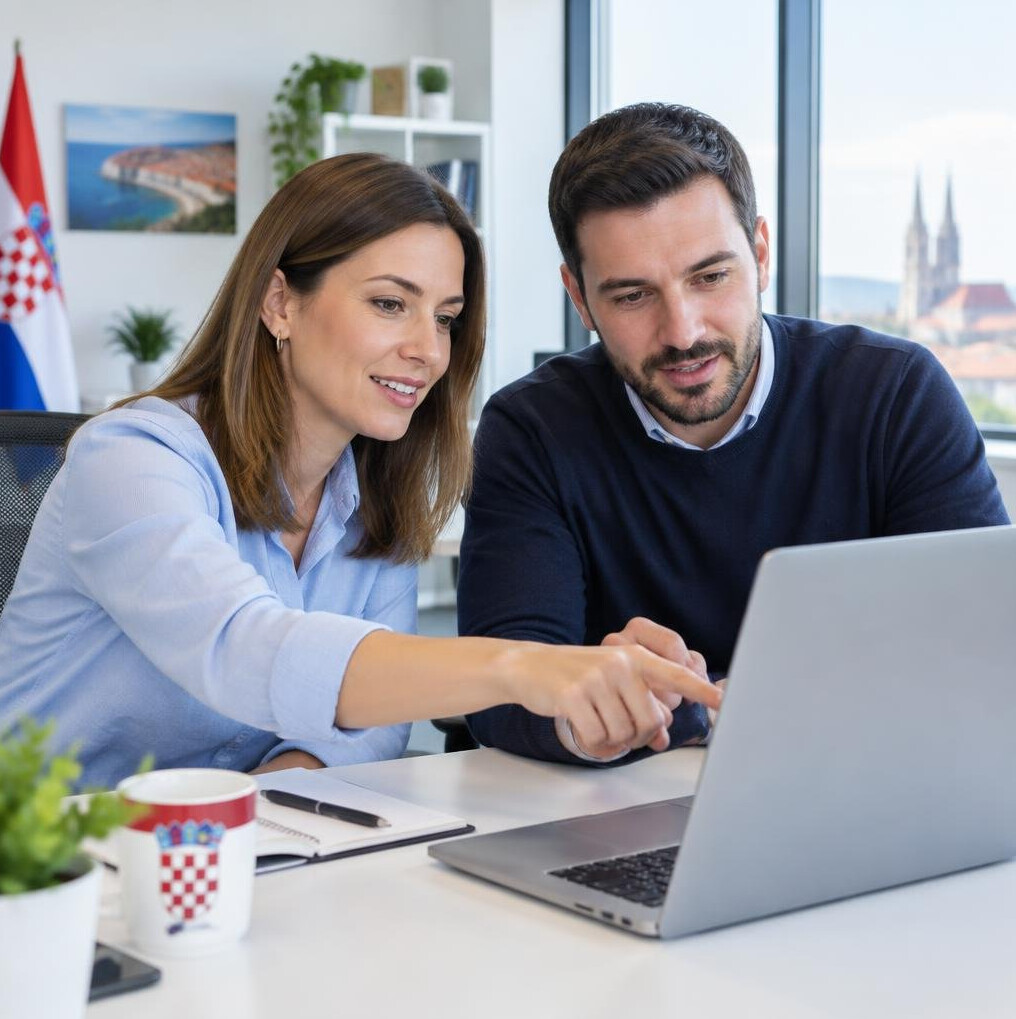 Colleagues collaborating over a laptop in an office
