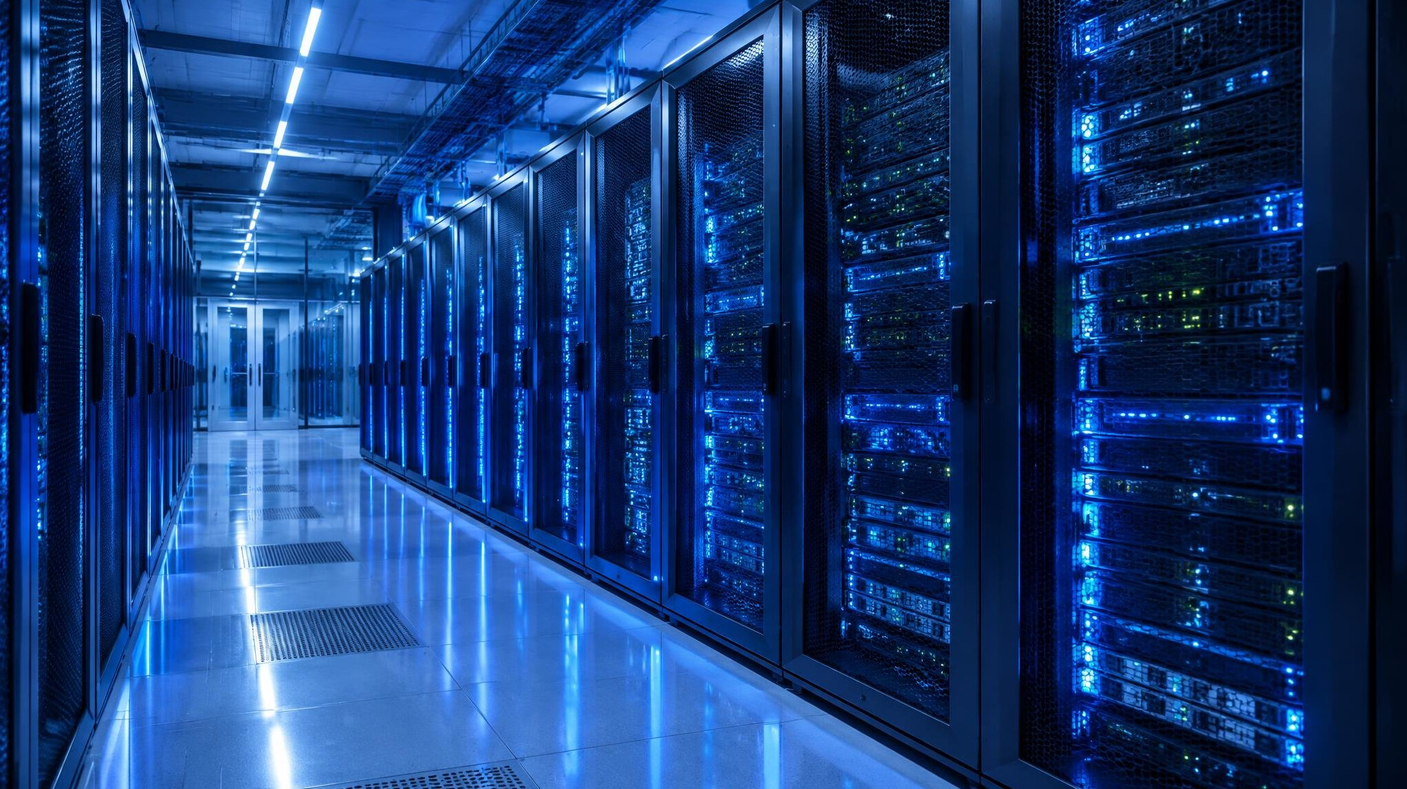 Rows of server racks in a data center