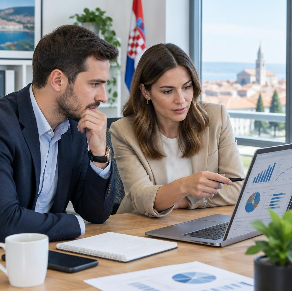 Two colleagues reviewing data on a laptop screen